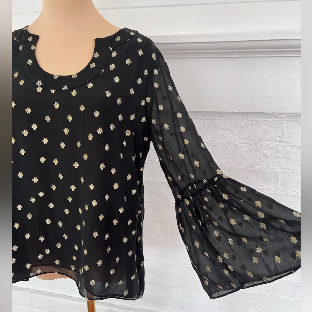 Lilly Pulitzer Amory Starry Silk Chiffon Blouse Black Gold Metallic Bell Sleeve - Picture 12 of 17